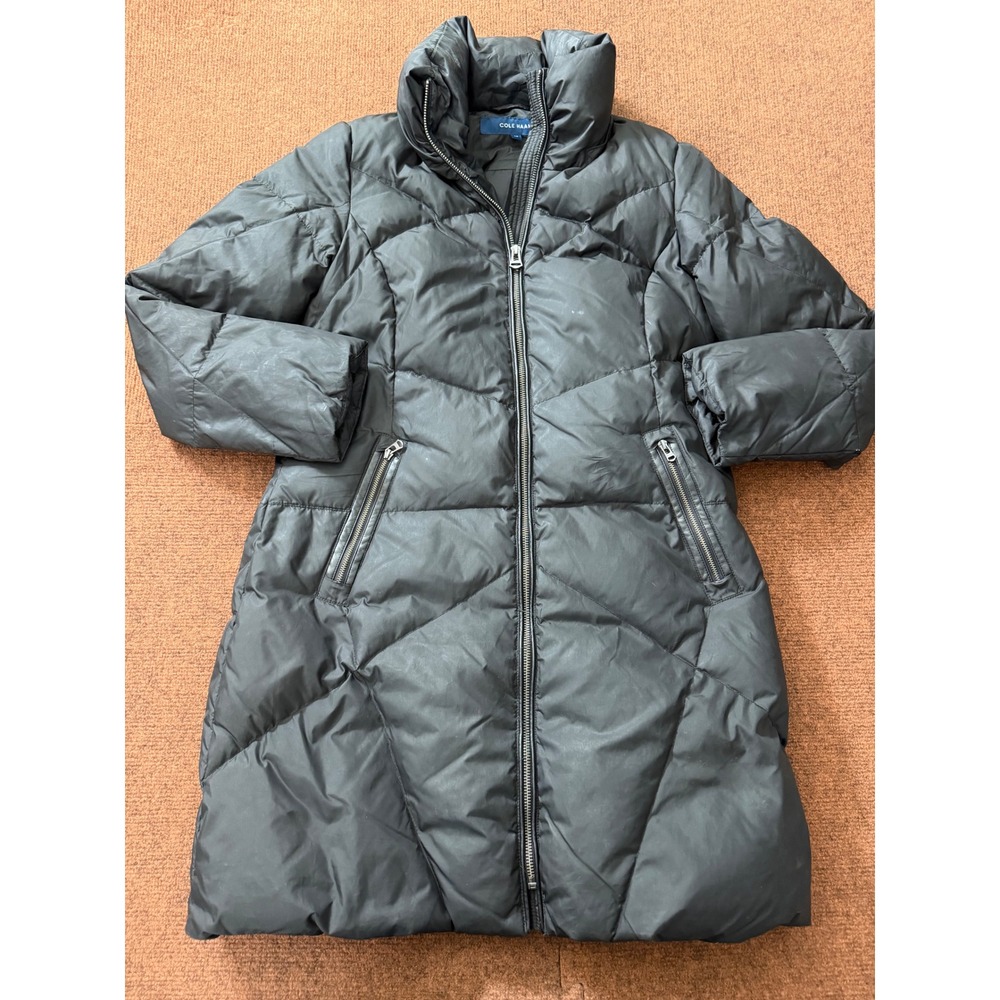 Cole Haan Womens Black Chevron Down Puffer Coat Mid Length Parka Size Small
